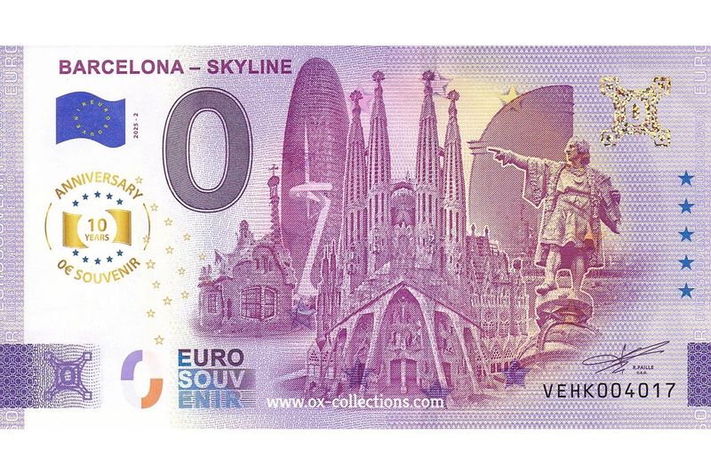 Zero Euro Note Barcelona Skyline 2025-2 Anni souvenir
