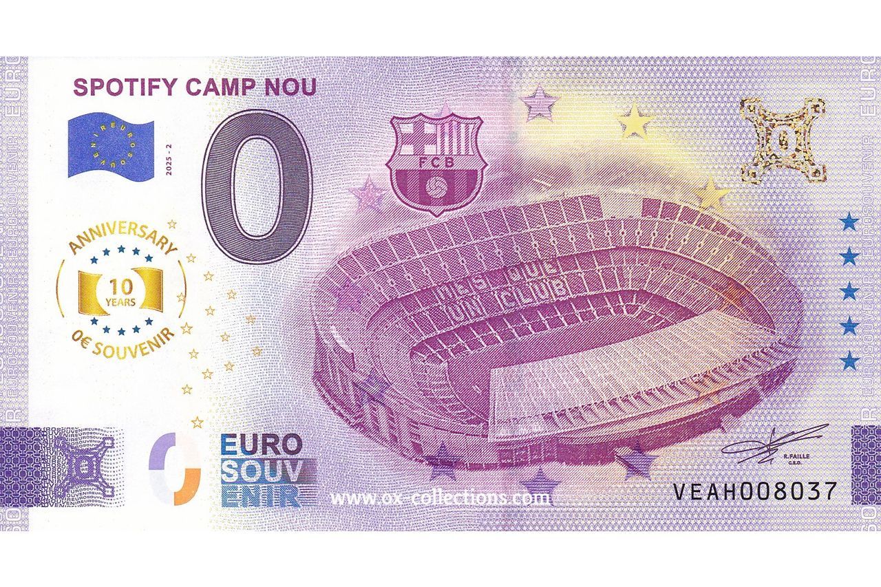 Zero Euro Note Spotify Camp Nou 2025-2 Anni souvenir