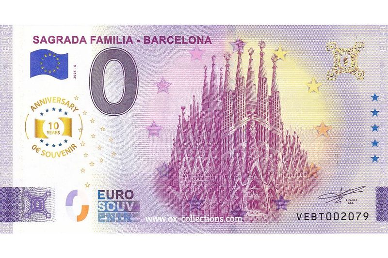 Zero Euro Note Sagrada Familia 2025-6 Anni souvenir