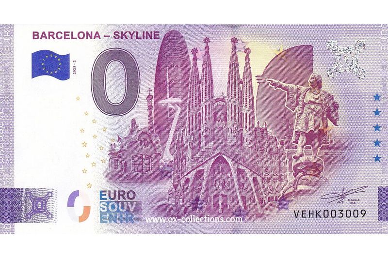 Zero Euro Note Barcelona Skyline 2025-2 souvenir