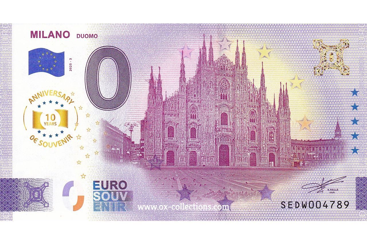 0 Euro-Schein Milano 2025-3 Anni Souvenir