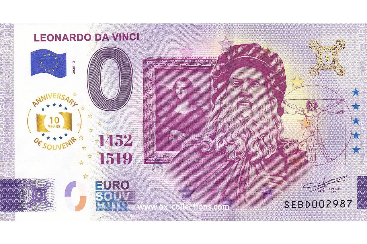 0 Euro-Schein Leonardo da Vinci 2025-3 Anni Souvenir
