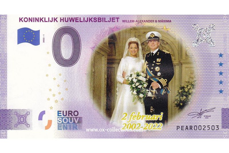 NL - Koninklijk Huwelijksbiljet - 2022-01 COLOR Zero Euro Note Koninklijk Huwelijksbiljet COLOR 2022-1 souvenir