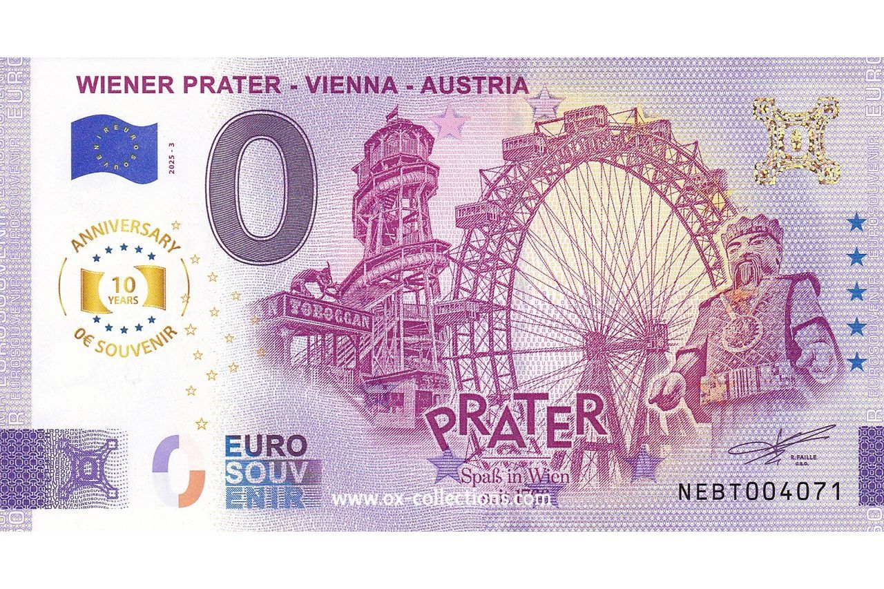 Zero Euro Note Wiener Prater 2025-3 Anni souvenir