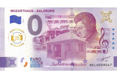 Zero Euro Note Mozarthaus Salzburg 2025-7 Anni souvenir