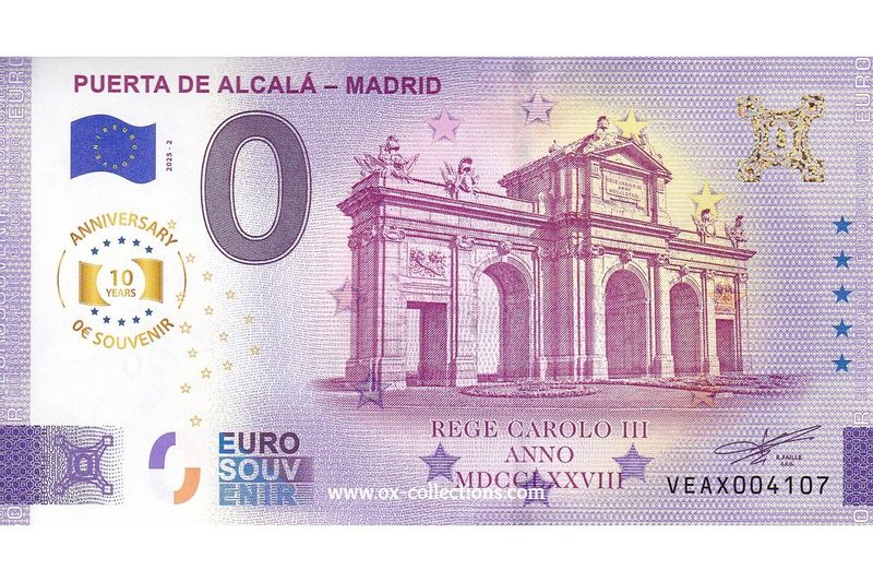 Zero Euro Note Puerta de Alcalá Madrid 2025-2 Anni souvenir