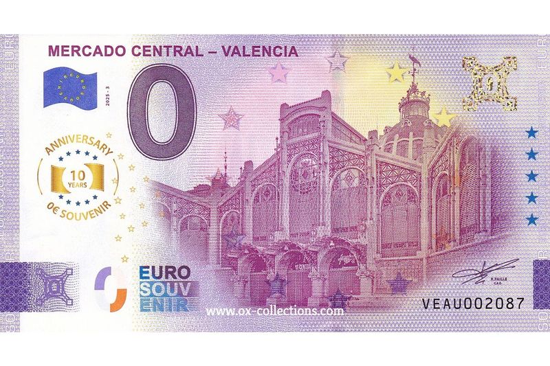 Zero Euro Note Mercado Central Valencia 2025-3 Anni souvenir