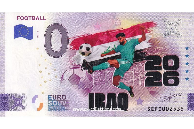IT - Football 2026-3 Iraq COLOR Zero Euro Note Football Iraq COLOR 2026-3-IQ souvenir