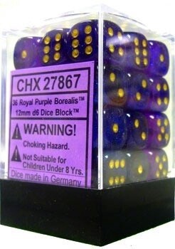 D6 Dice Borealis 12mm Royal Purple/Gold (36 Dice in Display)