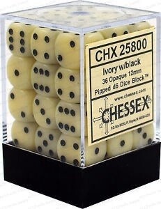 D6 Dice Opaque 12mm Ivory/Black (36 Dice in Display)