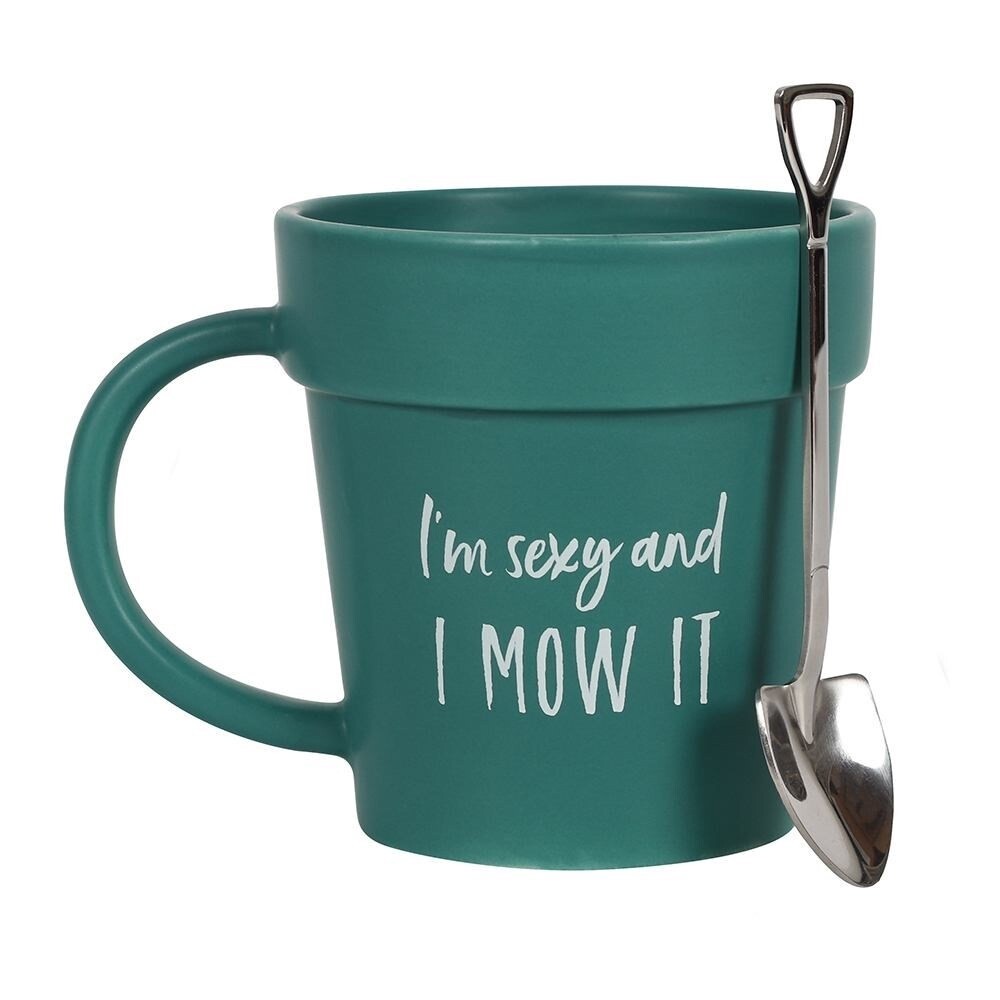 I&#39;m Sexy and I Mow it Green Plant Pot Mug and Shovel