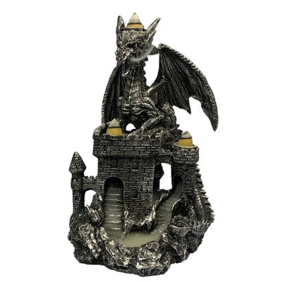 Black Silver Dragon on Castle Backflow Incense Burner