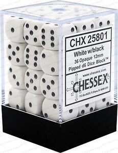 D6 Dice Opaque 12mm White/Black (36 Dice inDisplay)