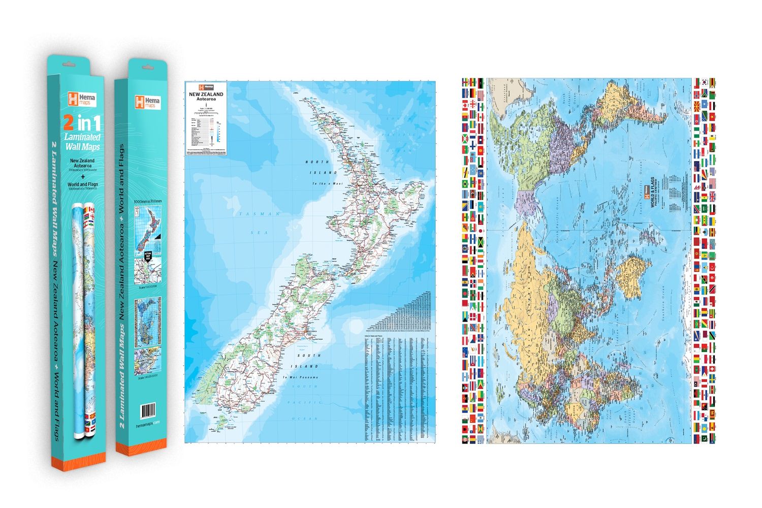 Twin Pack NZ 2 in 1 World &amp; Flags Map New Edition
