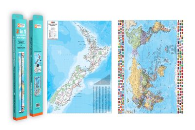 Twin Pack NZ 2 in 1 World &amp; Flags Map New Edition