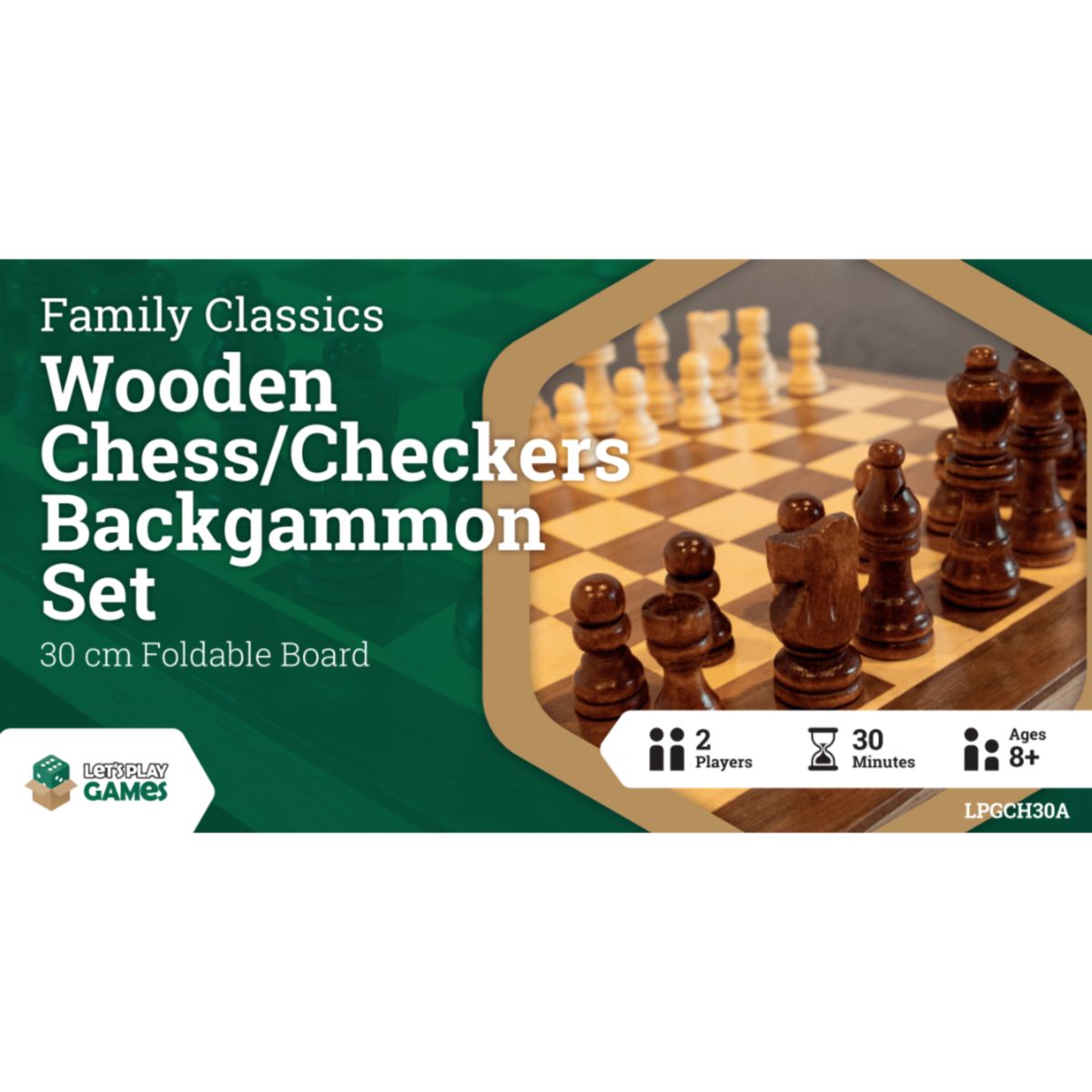 Family Classics - Wooden Chess/Checkers Backgammon Set - 30cm Foldable Board