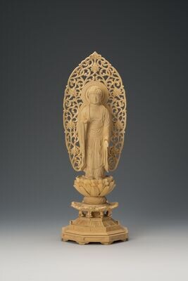 Tsuge Amitabha (本柘植丸得八角台舟型唐草光背立阿弥陀)