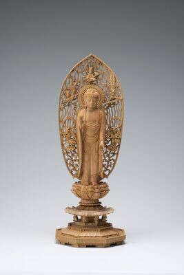Danboku Sandalwood Amitabha (檀木八角台舟型飛天光背眼入立阿弥陀)