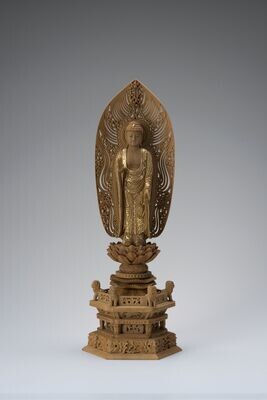 Danboku Sandalwood Amitabha (檀木六角鬼面麒麟台舟型水煙光背眼入切金付立阿弥陀)