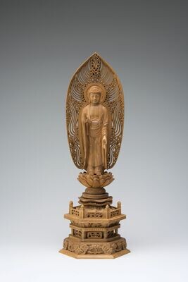 Byakudan Sandalwood  Amitabha  (白檀六角台舟型水煙光背眼入立阿弥陀)