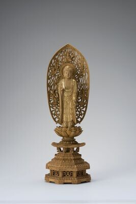 Kusunoki Amitabha (楠木九重八角台舟型飛天光背眼入切金付立阿弥陀)
