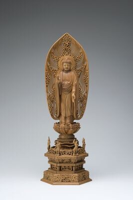 Byakudan Sandalwood Amitabha  (白檀六角四天王台舟型水煙光背眼入立阿弥陀)