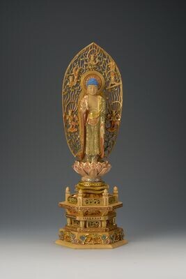 Tsuge Amitabha  (本柘植六角台彩色切金舟型飛天光背立阿弥陀）