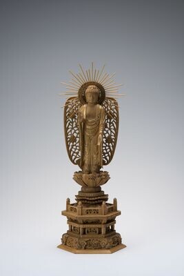 Byakudan Sandalwood Amitabha (白檀六角台西型唐草光背金泥付立阿弥陀)