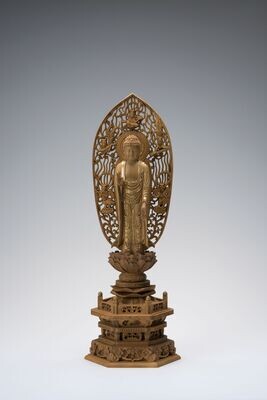 Byakudan Sandalwood Amitabha (白檀六角台舟型飛天光背金泥付立阿弥陀)