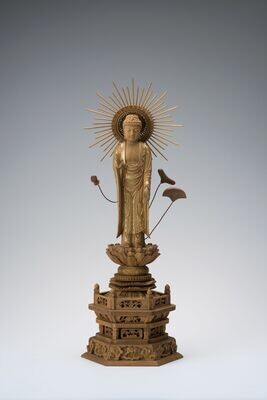 Byakudan Sandalwood Amitabha (白檀六角台東型光背金泥付立阿弥陀)