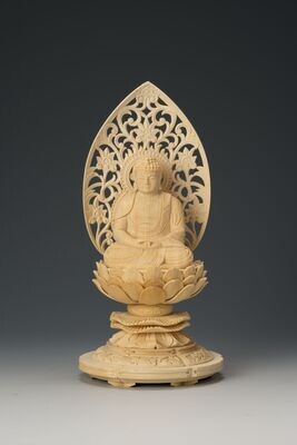 Hinoki Amitabha (桧木上彫木瓜丸台唐草光背阿弥陀)