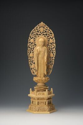 Tsuge Amitabha (本柘植六角台舟型唐草光背金泥付立阿弥陀)