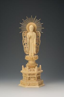 Hinoki Amitabha (桧木六角台西型唐草光背立阿弥陀)