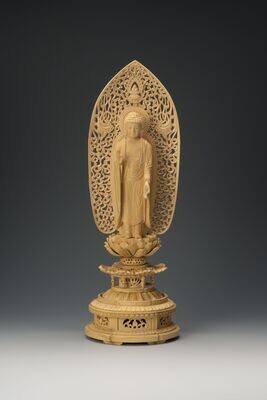 Tsuge Amitabha (本柘植金剛蓮華台舟型祥雲光背眼入立阿弥陀)