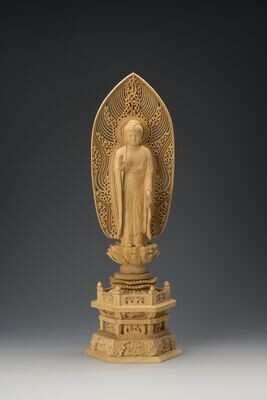 Tsuge Amitabha (本柘植六角台舟型水煙光背眼入立阿弥陀)