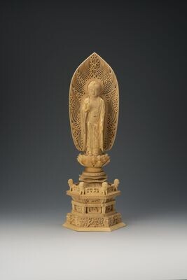 Tsuge Amitabha (本柘植六角鬼面麒麟台舟型水煙光背眼入切金付立阿弥陀)