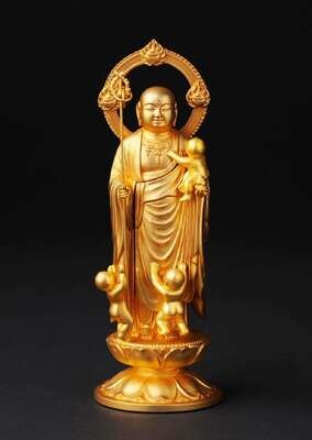 新子安地蔵菩薩 - 総高15cm　純金メッキ仕上げ　高岡銅器