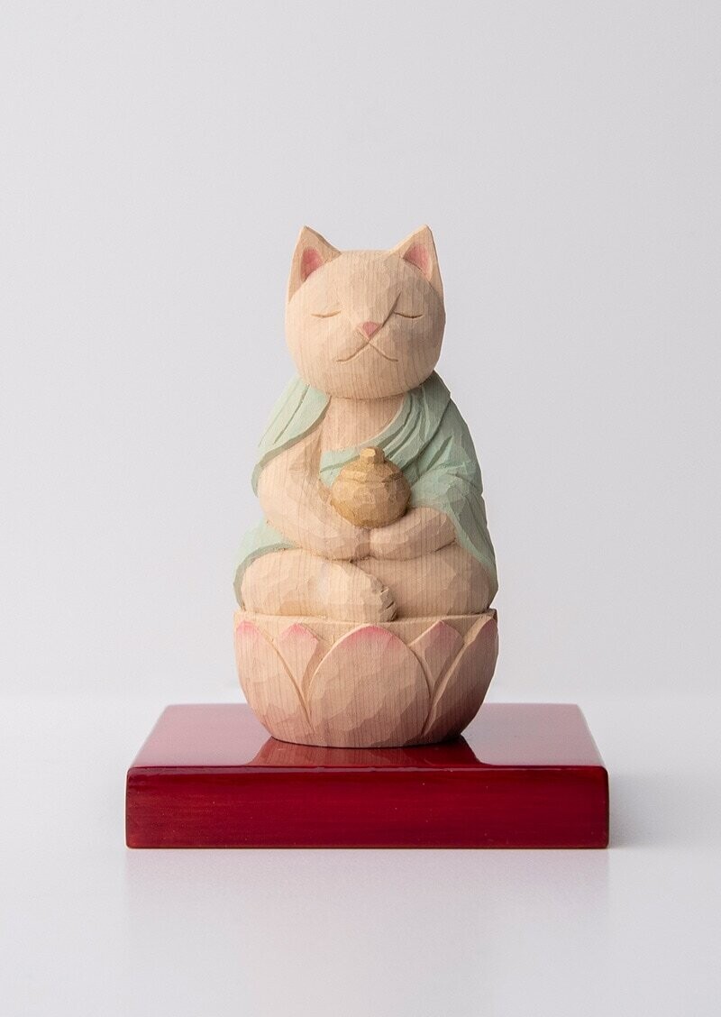 Yakushi Cat Buddha  木彫りの薬師猫 袈裟を着た猫仏さま 定印/薄緑