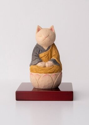 Zazen Cat Buddha 木彫りの座禅猫 袈裟を着た猫仏さま 黄色/黒色