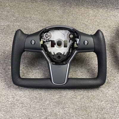 TESLA MODEL 3 / Y BLACK LEATHER PLAID STYLE YOKE STEERING WHEEL