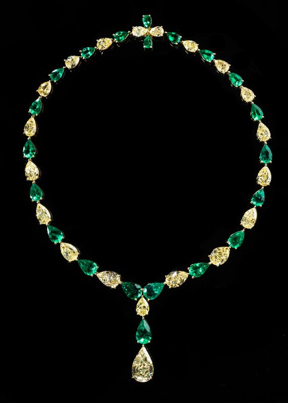 Scarselli 95.29 Carat Vivid Green Emerald and Fancy Yellow Natural Diamond Drop Necklace
