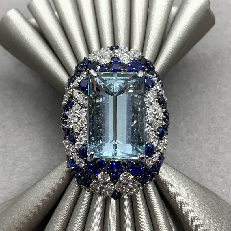 Aquamarine Royal Blue Sapphires and Diamonds Ring