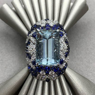Aquamarine Royal Blue Sapphires and Diamonds Ring