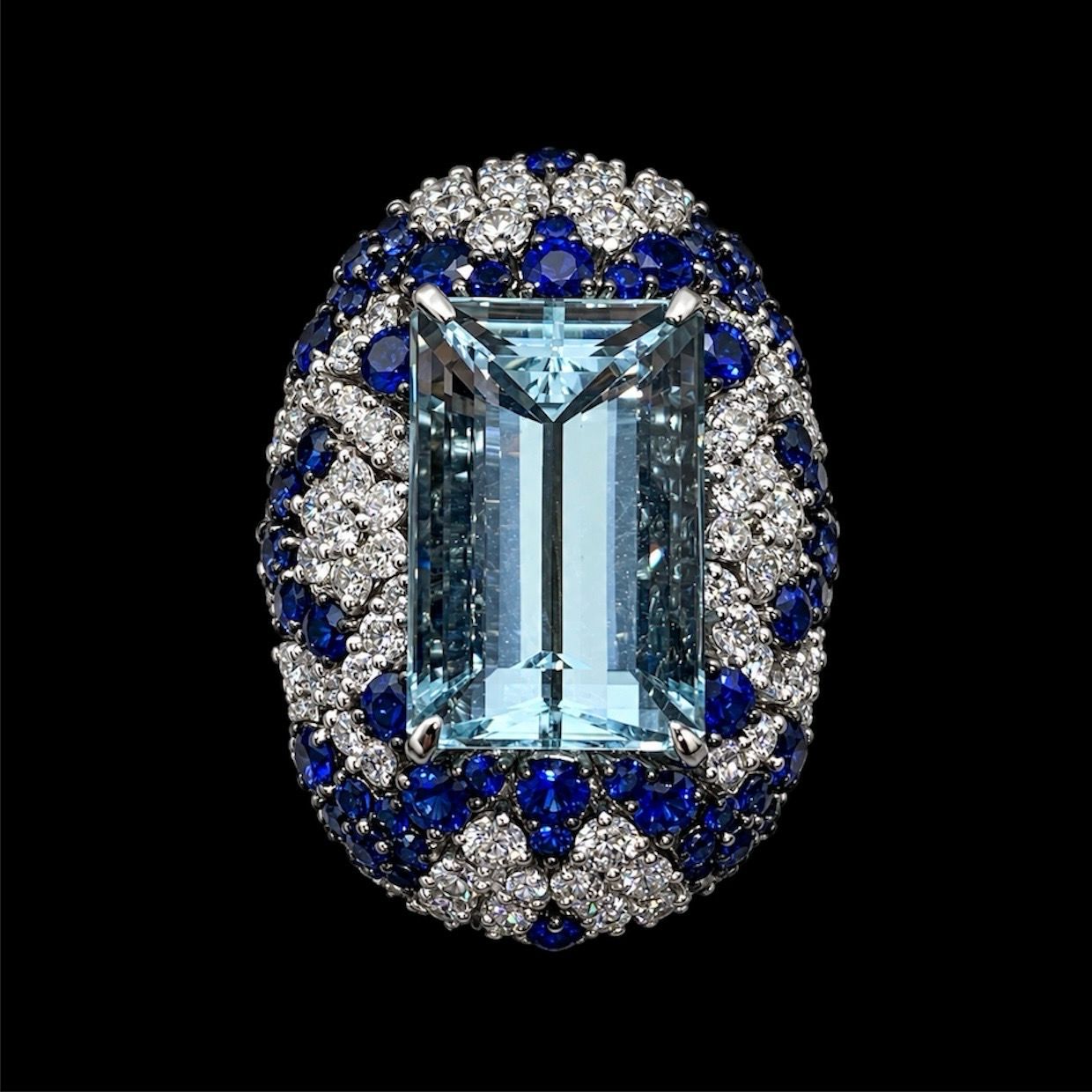 Aquamarine Royal Blue Sapphires and Diamonds Ring