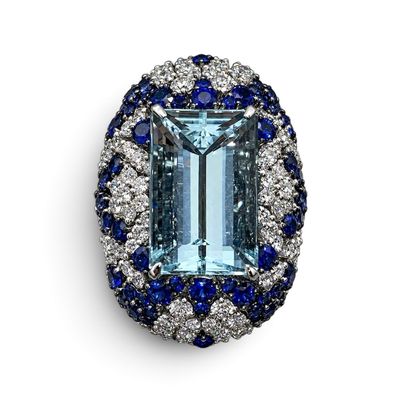 Aquamarine Royal Blue Sapphires and Diamonds Ring