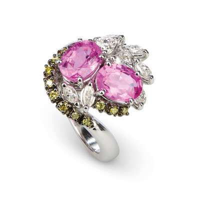 Pink Sapphire Fancy Yellow Diamond and White Diamond Ring