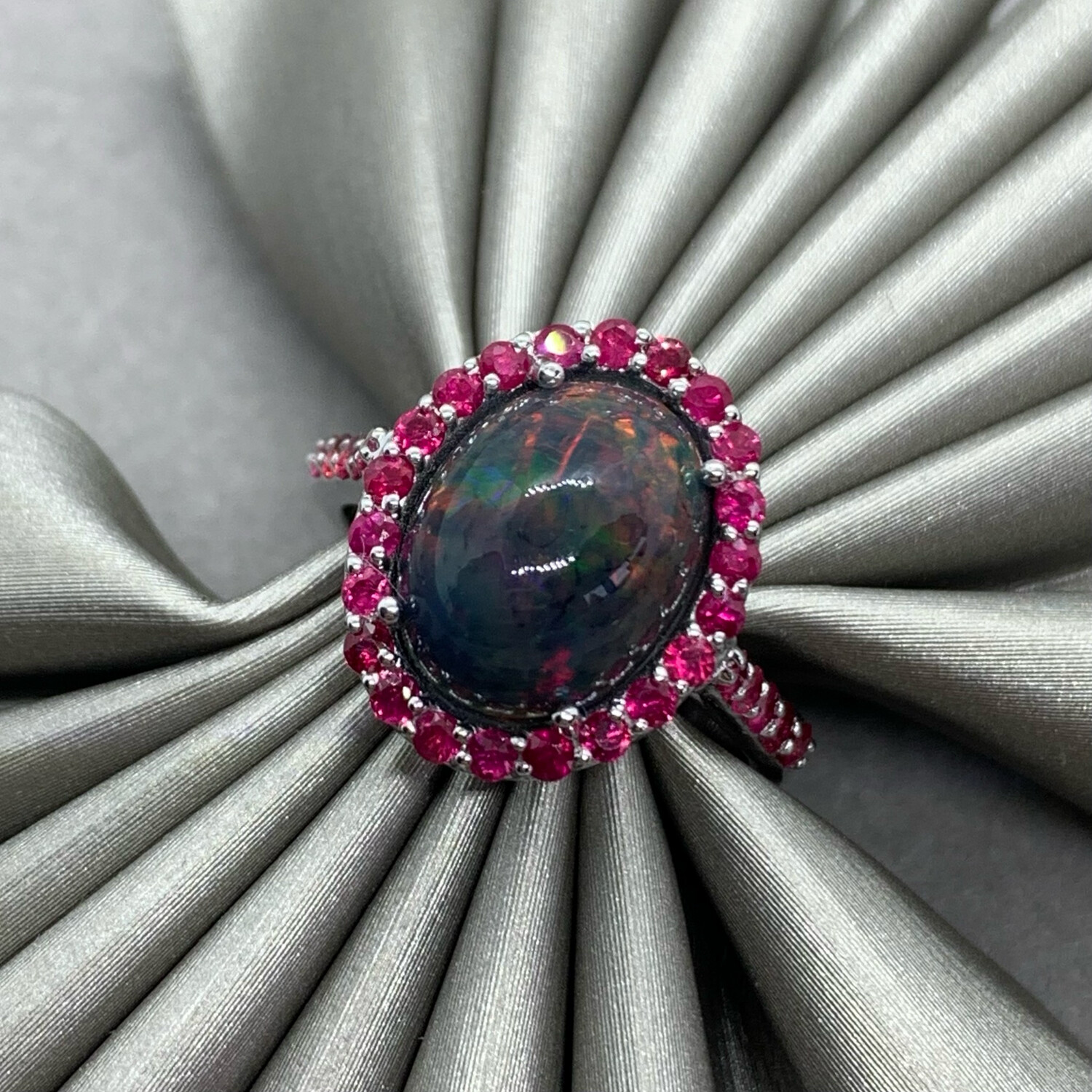 Black Opal and Rubies Halo Ring