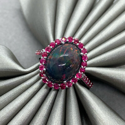 Black Opal and Rubies Halo Ring