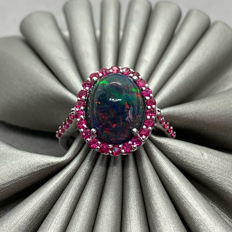Black Opal and Rubies Halo Ring