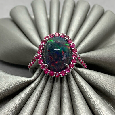 Black Opal and Rubies Halo Ring